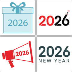 Joyful 2026 new year celebration icons with gift, dynamite, megaphone isolated on white background