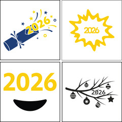 Collage of various 2026 themed icons isolated on white background for new year