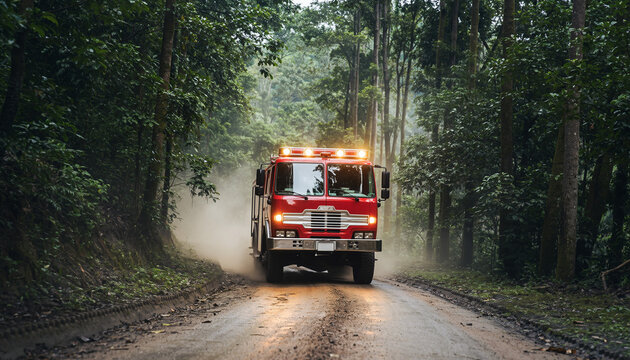 cami&oacute;n de bomberos rojo circulando por un camino rural en medio de un bosque frondoso. El veh&iacute;culo avanza lentamente levantando polvo del camino de tierra, con reflejos realistas en la carrocer&iacute;a.