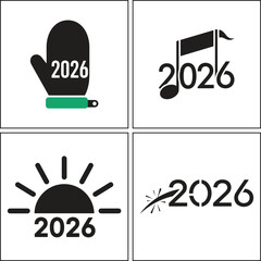 Cheerful 2026 new year greeting card design with winter and holiday icons isolated on white background