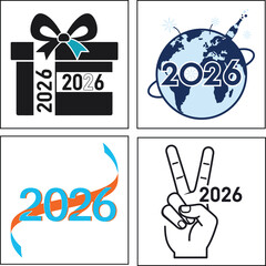 Exciting 2026 new year icons with gift, world, ribbon, and peace sign on white background