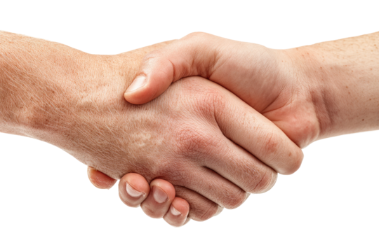 Close-up of two hands shaking.  A firm handshake against a black background.  Skin tones are light tan