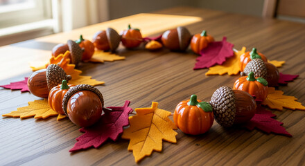 Close-up of acorn and pumpkin arrangement with yellow and red felt leaves on wood surface, representing fall, Thanksgiving and seasonal decoration