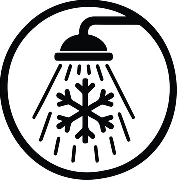 Circular icon illustrating a shower head emitting water droplets with a snowflake, symbolizing a cold shower or cold water, isolated on