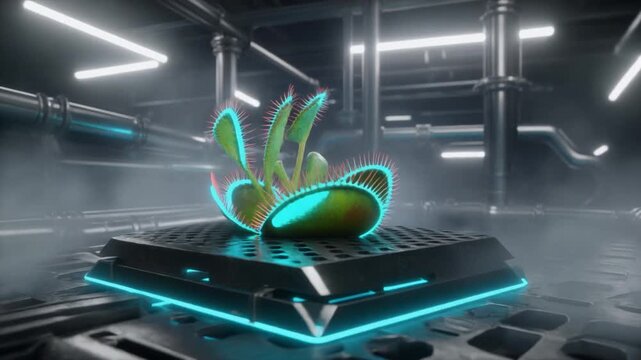 A futuristic Venus flytrap glows with blue light in a dark, industrial environment.