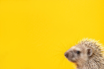 Close-up of a cute small hedgehog on a yellow background. Adorable baby animal portrait with spiny quills. Minimalist composition with copy space for text
