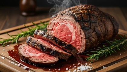 Perfectly cooked beef roast with rosemary and sea salt on a wooden cutting board