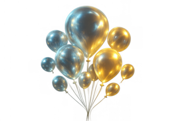 Gold and silver metallic balloons floating, celebrating party, birthday, anniversary, or special event on transparent background