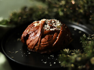 Holiday Sweet Roll with Pine and Cinnamon, Warm Winter Still Life