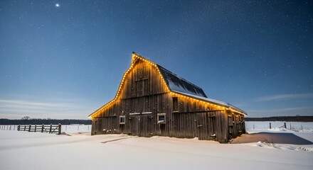 Rural barn adorned with warm string lights under starlit winter night sky snow covered field