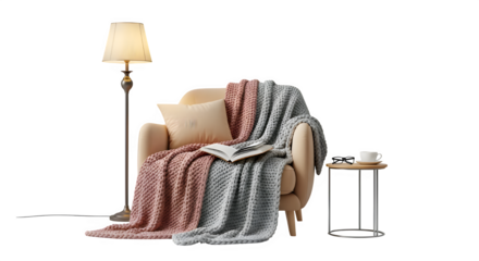 Cozy armchair with a soft blanket, a floor lamp, and a side table with a cup of coffee isolated on transparent background perfect for creating a relaxing and inviting atmosphere in your home