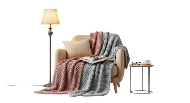 Cozy armchair with a soft blanket, a floor lamp, and a side table with a cup of coffee isolated on transparent background perfect for creating a relaxing and inviting atmosphere in your home