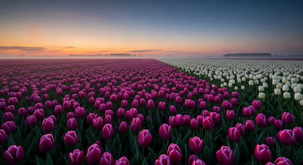 Vast field with pink and white tulip rows under colorful sky at dawn, showcasing beauty of nature, tranquility, perfect for floral designs and serenity