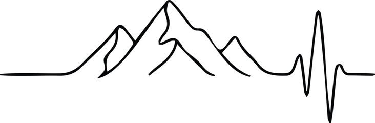 Obraz premium Minimalist line art illustration depicting a mountain range seamlessly transitioning into an electrocardiogram ecg heartbeat line, symbolizing adventure and life