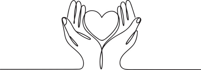 Hands holding heart continuous one line art drawing. Charity donation linear symbol.one line icon with with white background