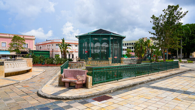 Parrot aviary on Plaza Santiago R. Palmer in the Old Town of Caguas in Puerto Rico, a US Territory in the Caribbean Islands