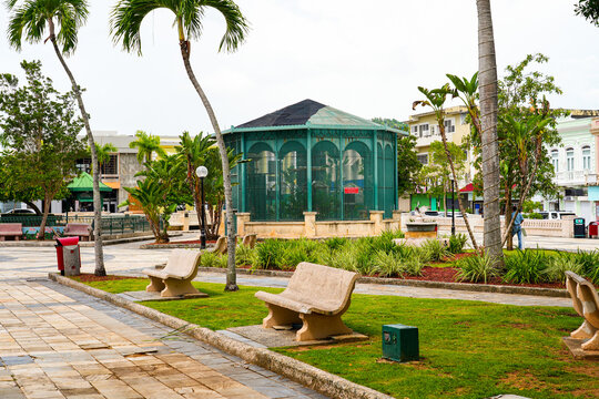 Parrot aviary on Plaza Santiago R. Palmer in the Old Town of Caguas in Puerto Rico, a US Territory in the Caribbean Islands
