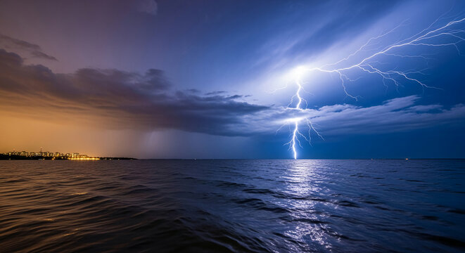 Striking lightning bolt over dark water, with building lights on the horizon, reflecting a powerful force of nature, dramatic weather or summer storm