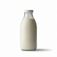 Creamy white milk bottle with metal cap isolated on clean light background for packaging presentation