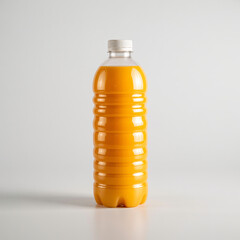 Bright orange juice bottle with ribbed plastic design and white cap isolated on studio background for packaging