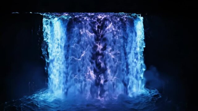 Cascading Blues: A mesmerizing display of a waterfall, its waters illuminated with a soft, ethereal blue, cascading down a dark cliff face.