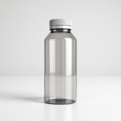 Transparent cylindrical plastic bottle with silver screw lid isolated on clean studio background for packaging use