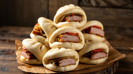 Meticulously arranged stack of steamed bao buns stuffed with pork belly and vegetables