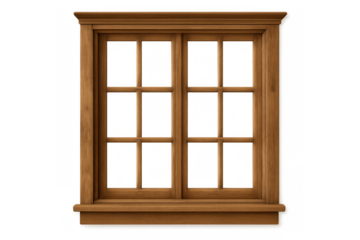 Wooden window frame with glass panes, classic architectural element for house facade and interior design, transparent background