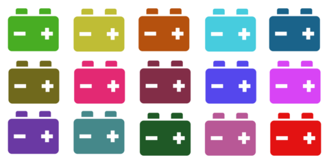Colorful car battery icons in a grid layout energy, power, and electrical storage options isolated transparent background