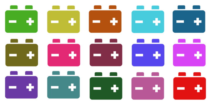 Colorful car battery icons in a grid layout energy, power, and electrical storage options isolated transparent background