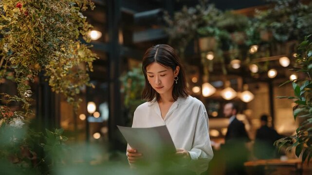 Young asian woman reading a menu in a stylish restaurant