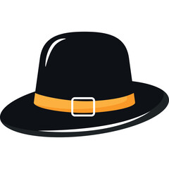 A Black Pilgrim Hat With An Orange Band And White Buckle Isolated On A Transparent Background