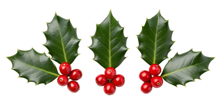 Three Holly Leaf and Berry Icons – Christmas Florals Set on White Background