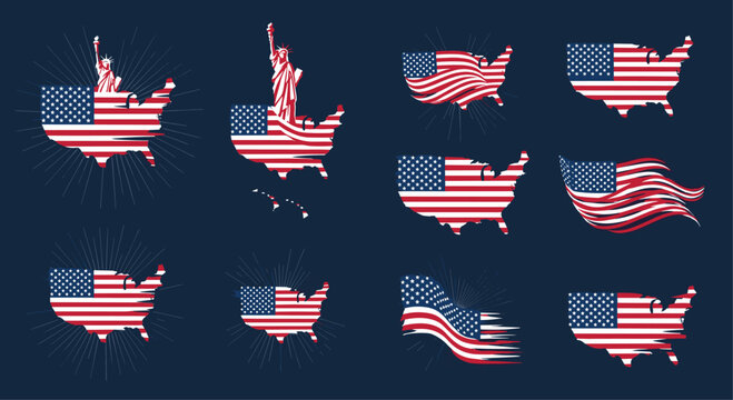 Collection of various American flag designs stylized to fit the map shapes of different US states.