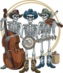 Cowboy skeletons country and western band playing instruments