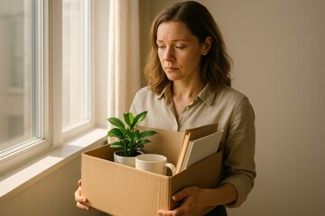 Sad Woman Leaving Job with Box of Office Items. Employee Holding Cardboard Box After Layoff. AI Generative