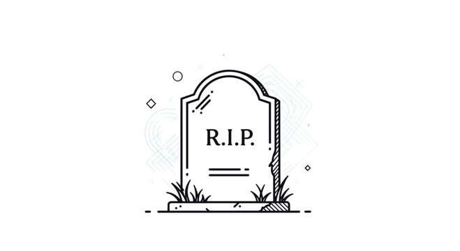 Simple black and white line art icon of a tombstone with R.I.P engraved on it in a graveyard.