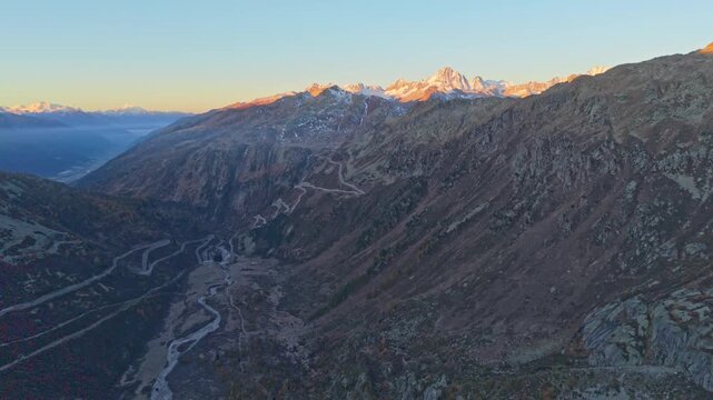Aerial view of Furka Pass, a scenic alpine route linking Gletsch to Realp.