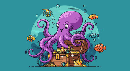 Vibrant Underwater Scene with Smiling Octopus, Treasure, and Colorful Fish