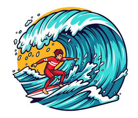 Dynamic cartoon illustration of a surfer catching a huge ocean wave