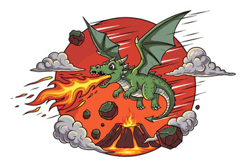 Cute Green Dragon Flying and Spitting Fire Above a Fiery Volcano