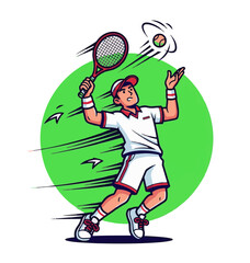Dynamic cartoon illustration of a male tennis player serving the ball