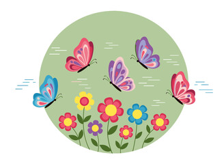 Vibrant Butterflies and Flowers Flying in a Green Meadow Scene
