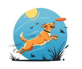 Happy golden dog jumping for frisbee in sunny park illustration