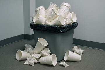 Office Garbage Can Full of Used Paper Cups and Trash. Overflowing Trash. AI Generative.