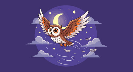 Adorable Cartoon Owl Flying Under a Crescent Moon and Stars at Night