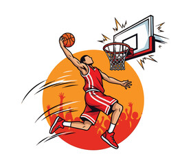 Dynamic Basketball Player Slam Dunk Illustration with Energetic Crowd Background