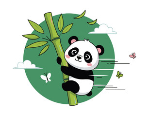 Cute Cartoon Panda Climbing Bamboo with Butterflies and Clouds