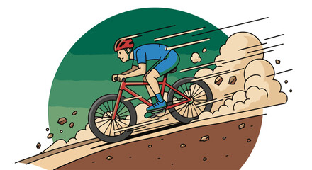 Cartoon Mountain Biker Speeds Downhill on Dirt Trail Kicking Up Dust