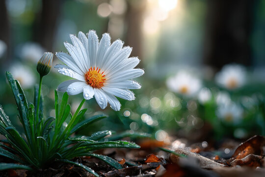 White daisy flower with dew drops in sunlight